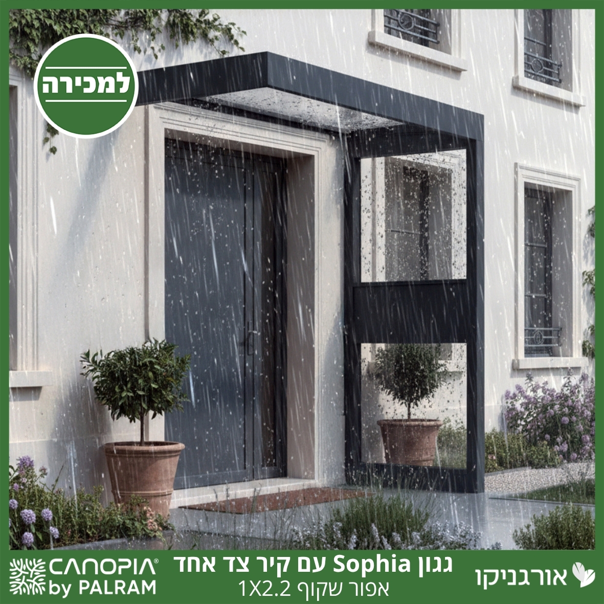 גגון Sophia אפור שקוף 1X2.2 עם קיר צד אחד מבית פלרם - Canopia