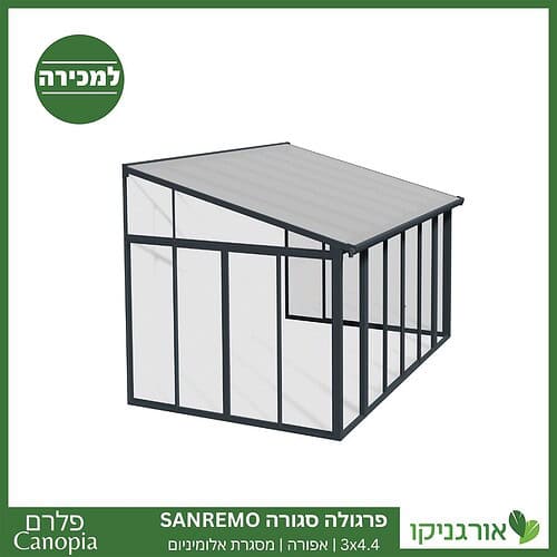 פרגולה אלומיניום סגורה SanRemo אפורה 3X4.4 קירוי שקוף מבית Canopia