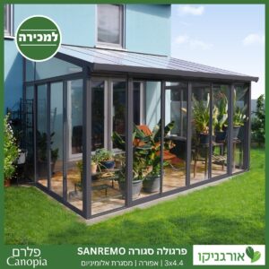 פרגולה אלומיניום סגורה SanRemo אפורה 3X4.4 קירוי שקוף מבית Canopia 2