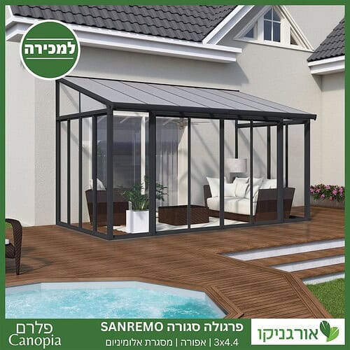 פרגולה אלומיניום סגורה SanRemo אפורה 3X4.4 קירוי שקוף מבית Canopia 3