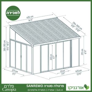 פרגולה אלומיניום סגורה SanRemo אפורה 3X4.4 קירוי שקוף מבית Canopia 4