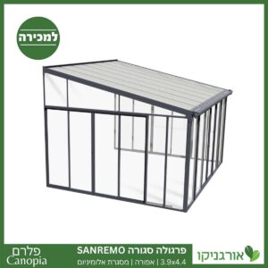 פרגולה אלומיניום סגורה SanRemo אפורה 3.9X4.4 קירוי שקוף מבית Canopia
